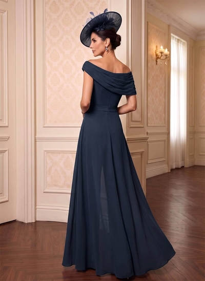 Chiffon Mother Of The Bride Jumpsuit/Pantsuit, Asymmetrical Short Sleeves, Floor-Length With Pleating