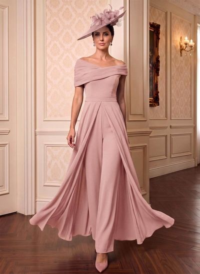 Chiffon Mother Of The Bride Jumpsuit/Pantsuit, Asymmetrical Short Sleeves, Floor-Length With Pleating