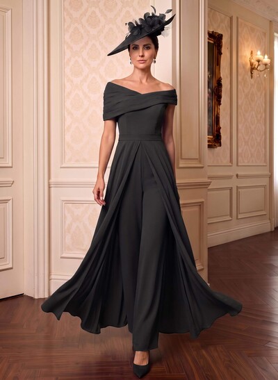 Chiffon Mother Of The Bride Jumpsuit/Pantsuit, Asymmetrical Short Sleeves, Floor-Length With Pleating