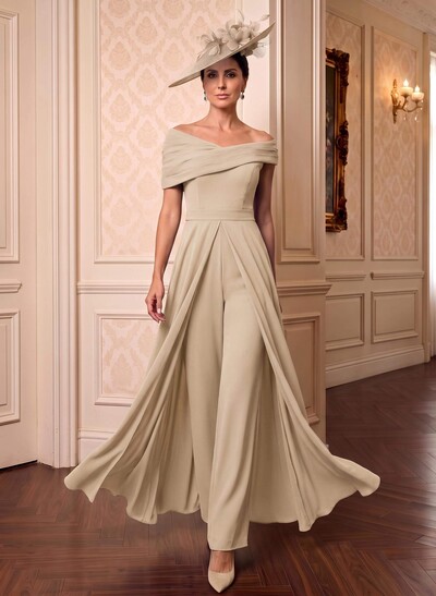 Jumpsuit/Pantsuit Asymmetrical Short Sleeves Floor-Length Chiffon Mother Of The Bride Dresses With Pleated