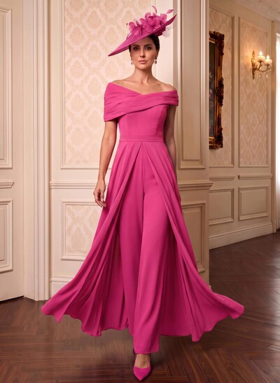 Jumpsuit/Pantsuit Asymmetrical Short Sleeves Floor-Length Chiffon Mother Of The Bride Dresses With Pleated