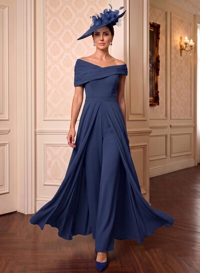Jumpsuit/Pantsuit Asymmetrical Short Sleeves Floor-Length Chiffon Mother Of The Bride Dresses With Pleated