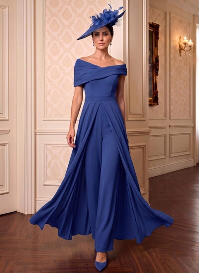 Jumpsuit/Pantsuit Asymmetrical Short Sleeves Floor-Length Chiffon Mother Of The Bride Dresses With Pleated