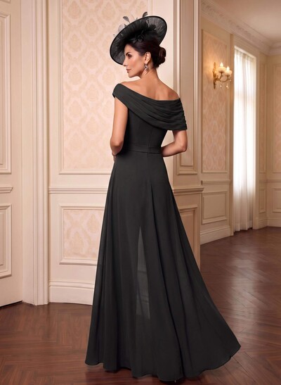 Chiffon Mother Of The Bride Jumpsuit/Pantsuit, Asymmetrical Short Sleeves, Floor-Length With Pleating