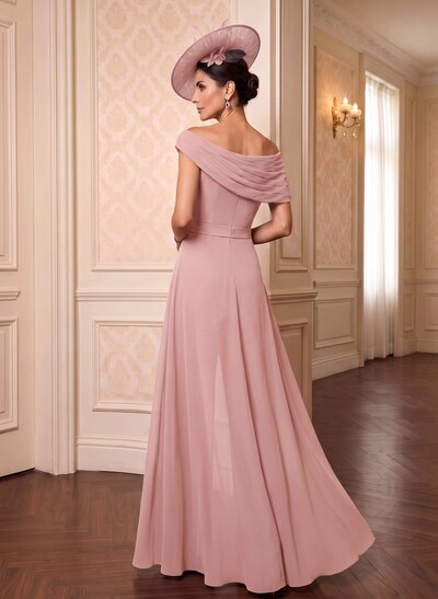 Chiffon Mother Of The Bride Jumpsuit/Pantsuit, Asymmetrical Short Sleeves, Floor-Length With Pleating