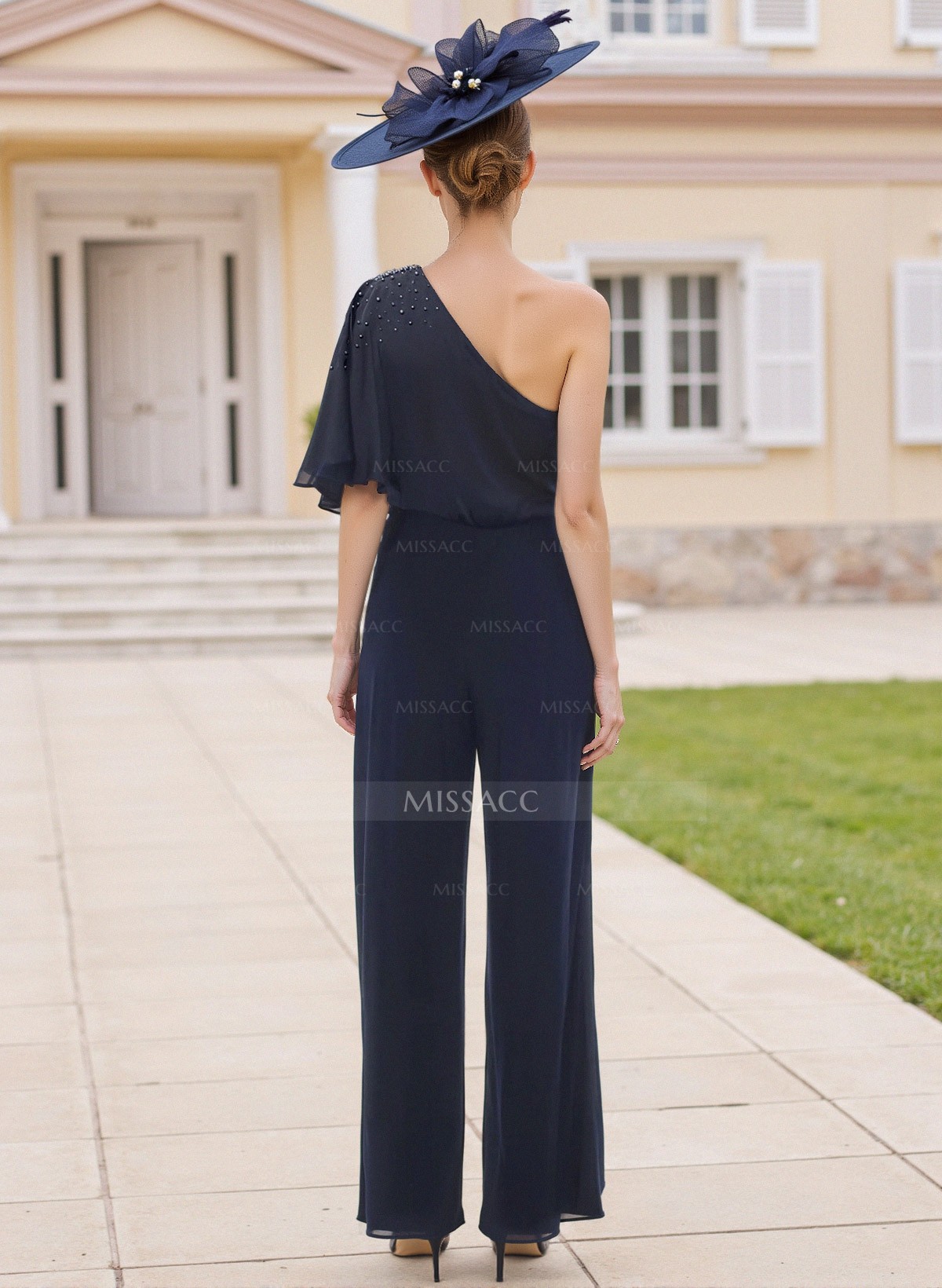 Elegant Beading One-Shoulder 1/2 Sleeves Chiffon Mother Of The Bride Jumpsuit/Pantsuit