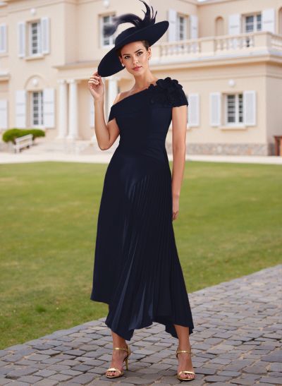 Unique Flower(s) Asymmetrical Length Pleated A-Line Stretch Chiffon Mother Of The Bride Dresses