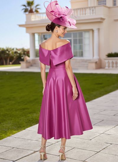 Classic Bow(s) Off-The-Shoulder Short Sleeves A-Line Tea-Length Satin Mother Of The Bride Dresses