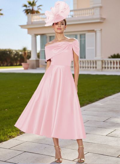 Classic Bow(s) Off-The-Shoulder Short Sleeves A-Line Tea-Length Satin Mother Of The Bride Dresses