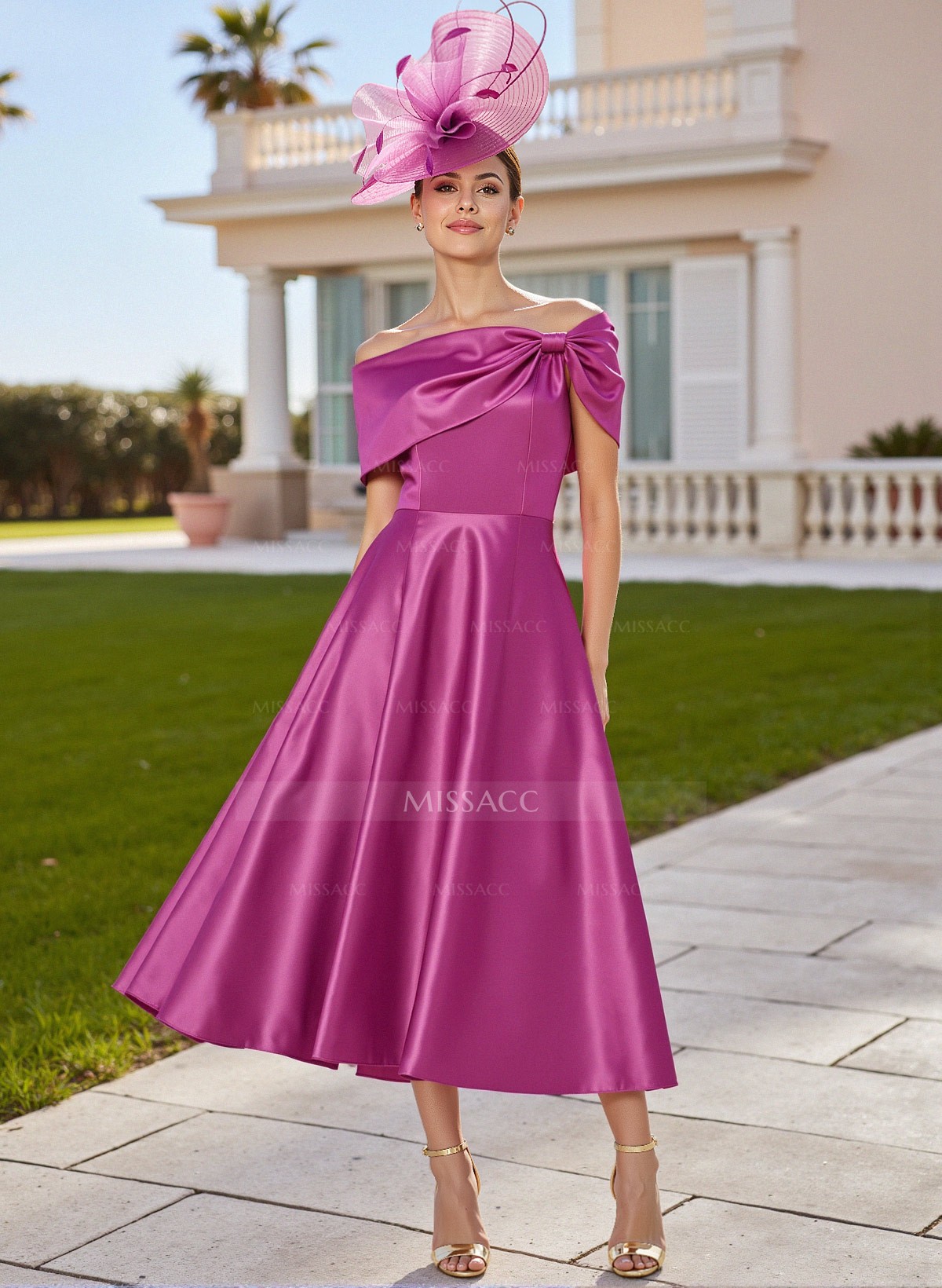 Classic Bow(s) Off-The-Shoulder Short Sleeves A-Line Tea-Length Satin Mother Of The Bride Dresses