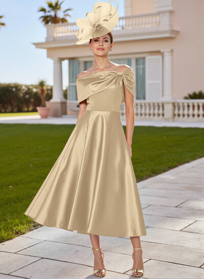 Classic Bow(s) Off-The-Shoulder Short Sleeves A-Line Tea-Length Satin Mother Of The Bride Dresses