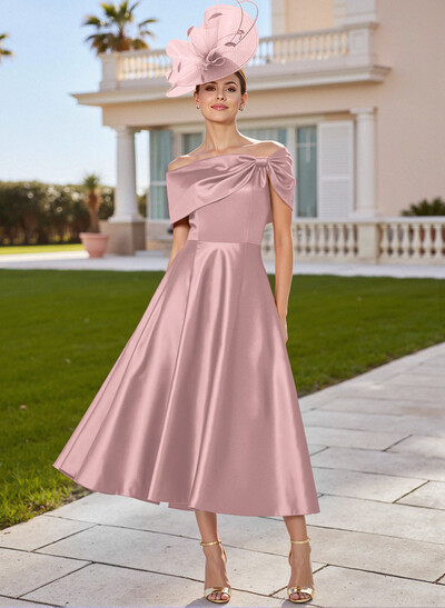Classic Bow(s) Off-The-Shoulder Short Sleeves A-Line Tea-Length Satin Mother Of The Bride Dresses