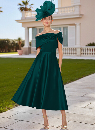 Classic Bow(s) Off-The-Shoulder Short Sleeves A-Line Tea-Length Satin Mother Of The Bride Dresses
