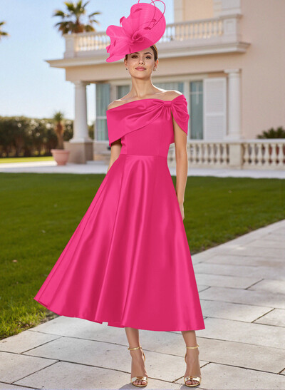 Classic Bow(s) Off-The-Shoulder Short Sleeves A-Line Tea-Length Satin Mother Of The Bride Dresses