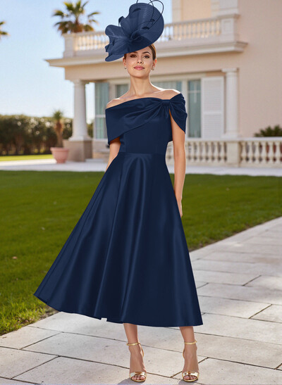Classic Bow(s) Off-The-Shoulder Short Sleeves A-Line Tea-Length Satin Mother Of The Bride Dresses