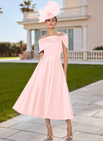 Classic Bow(s) Off-The-Shoulder Short Sleeves A-Line Tea-Length Satin Mother Of The Bride Dresses