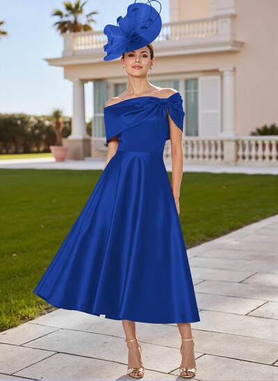 Classic Bow(s) Off-The-Shoulder Short Sleeves A-Line Tea-Length Satin Mother Of The Bride Dresses