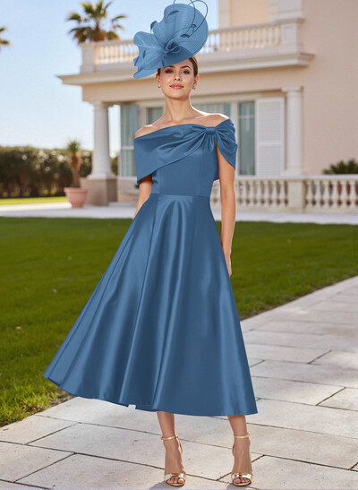 Classic Bow(s) Off-The-Shoulder Short Sleeves A-Line Tea-Length Satin Mother Of The Bride Dresses