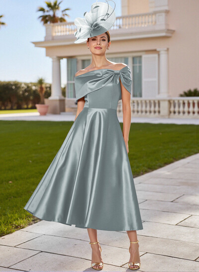 Classic Bow(s) Off-The-Shoulder Short Sleeves A-Line Tea-Length Satin Mother Of The Bride Dresses