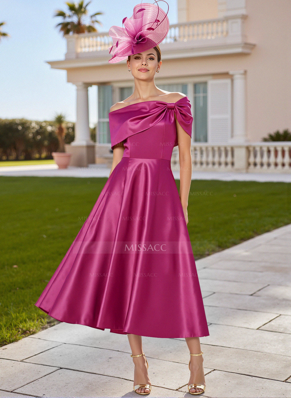 Classic Bow(s) Off-The-Shoulder Short Sleeves A-Line Tea-Length Satin Mother Of The Bride Dresses