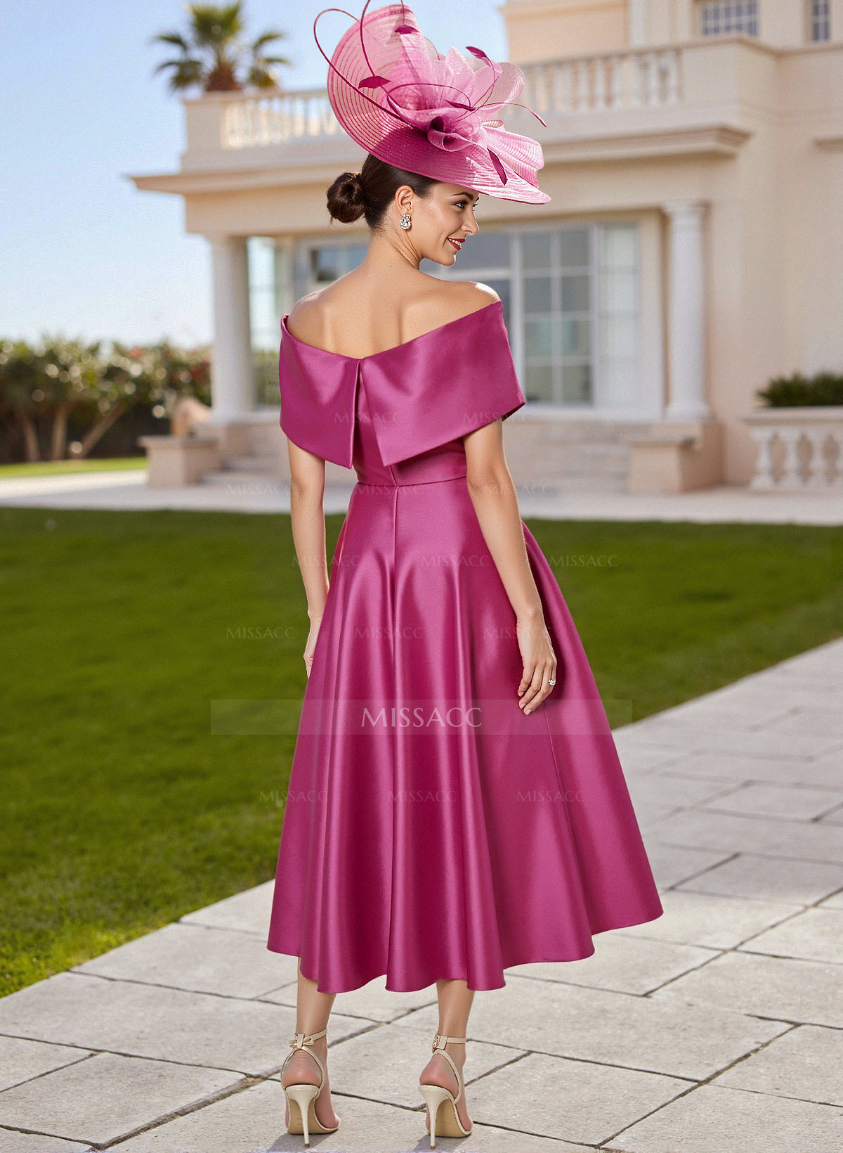 Classic Bow(s) Off-The-Shoulder Short Sleeves A-Line Tea-Length Satin Mother Of The Bride Dresses