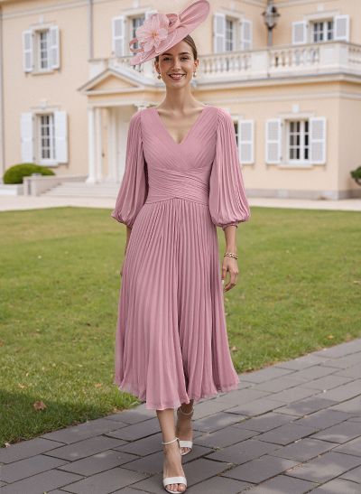 Elegant Pleated V-Neck A-Line Tea-Length Chiffon Mother Of The Bride Dresses