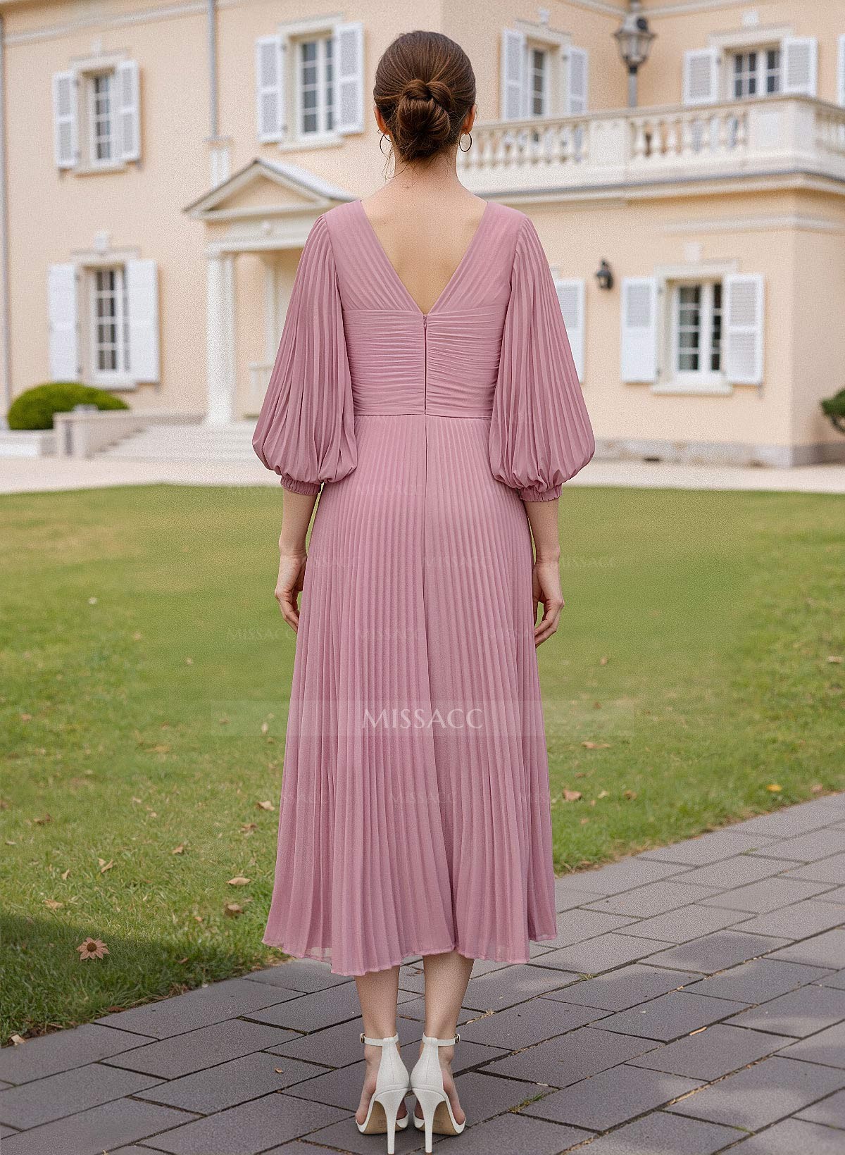 Elegant Pleated V-Neck A-Line Tea-Length Chiffon Mother Of The Bride Dresses