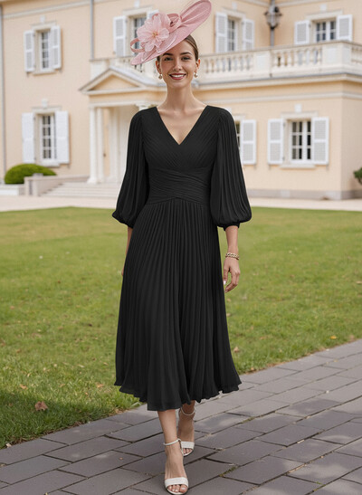 Elegant Pleated V-Neck A-Line Tea-Length Chiffon Mother Of The Bride Dresses