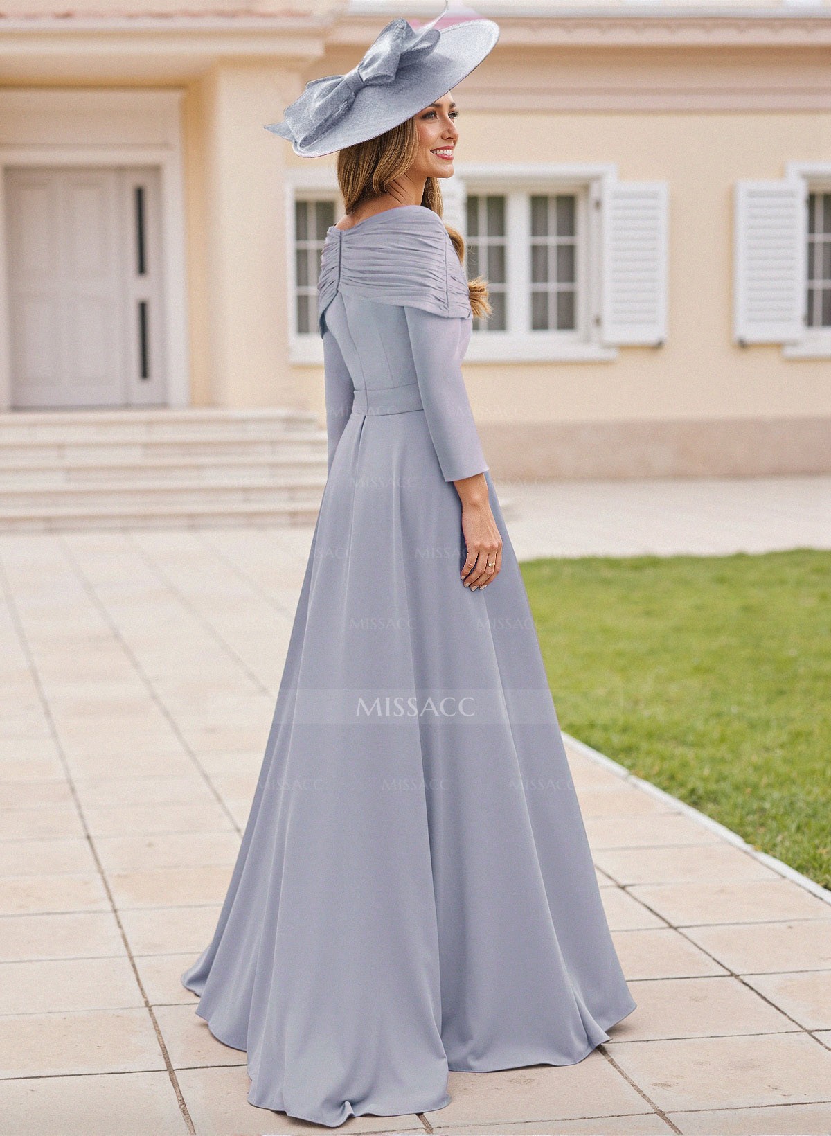 Elegant Pleated Off-The-Shoulder Long Sleeves Elastic Satin Mother Of The Bride Jumpsuit/Pantsuit