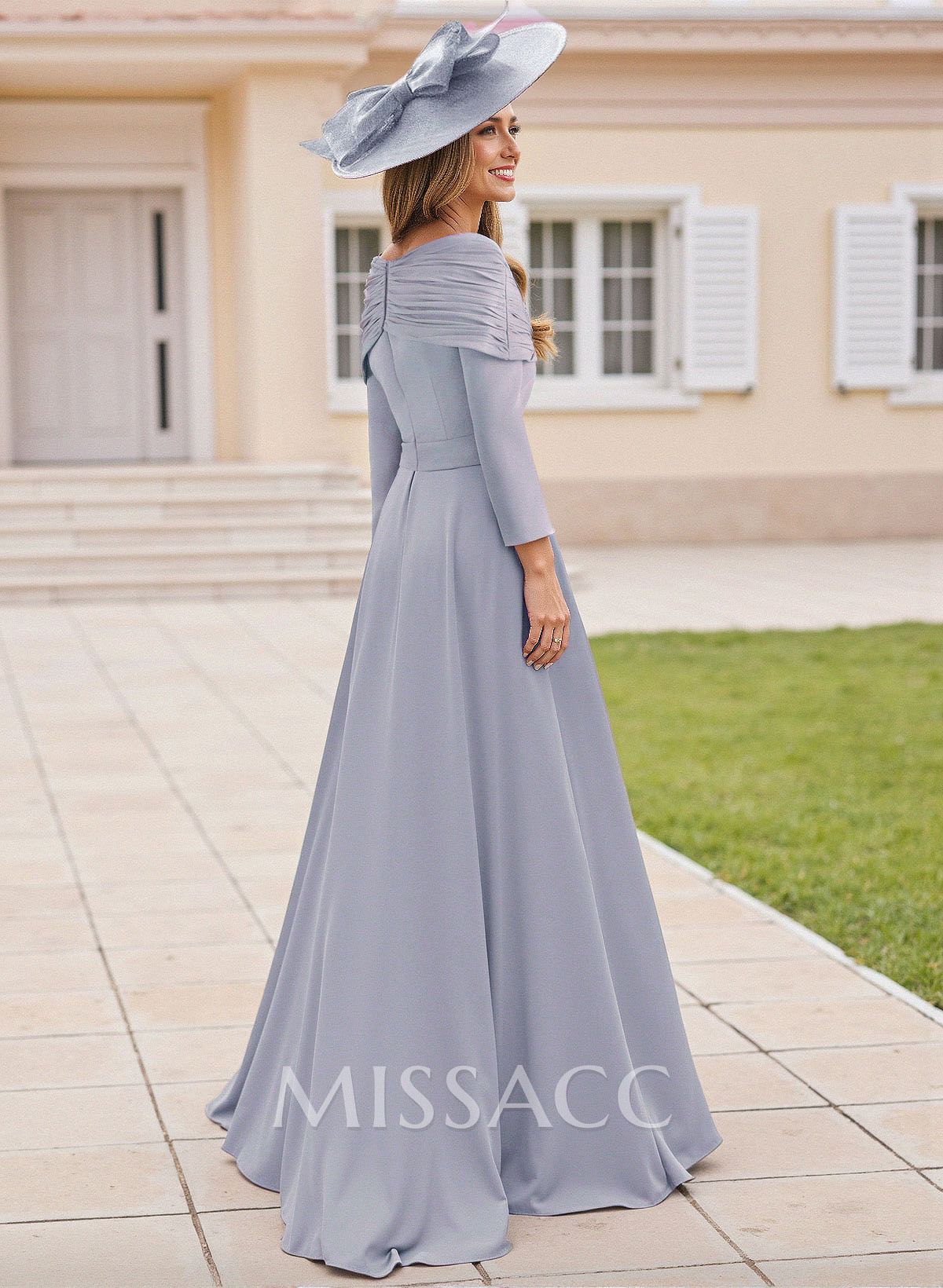 Elegant Pleated Off-The-Shoulder Long Sleeves Elastic Satin Mother Of The Bride Jumpsuit/Pantsuit