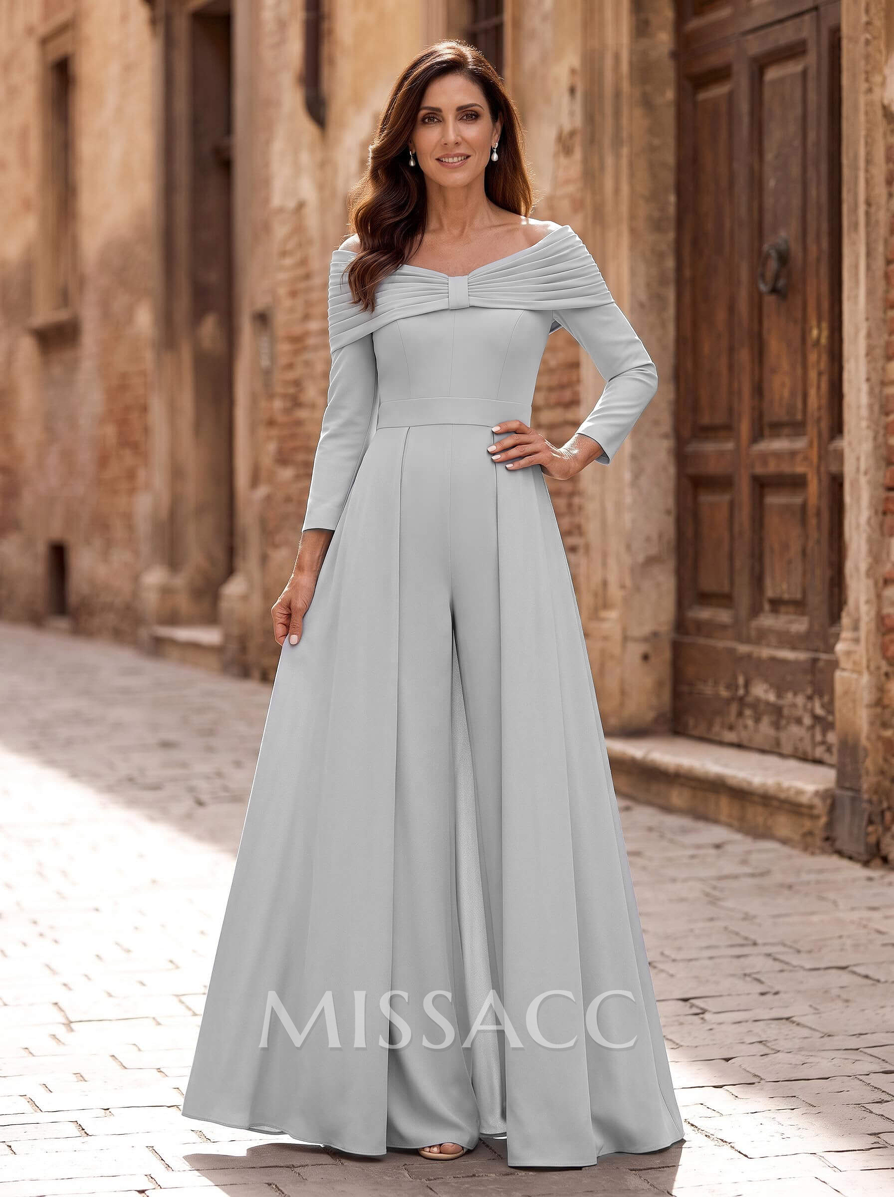 Elegant Pleated Off-The-Shoulder Long Sleeves Elastic Satin Mother Of The Bride Jumpsuit/Pantsuit