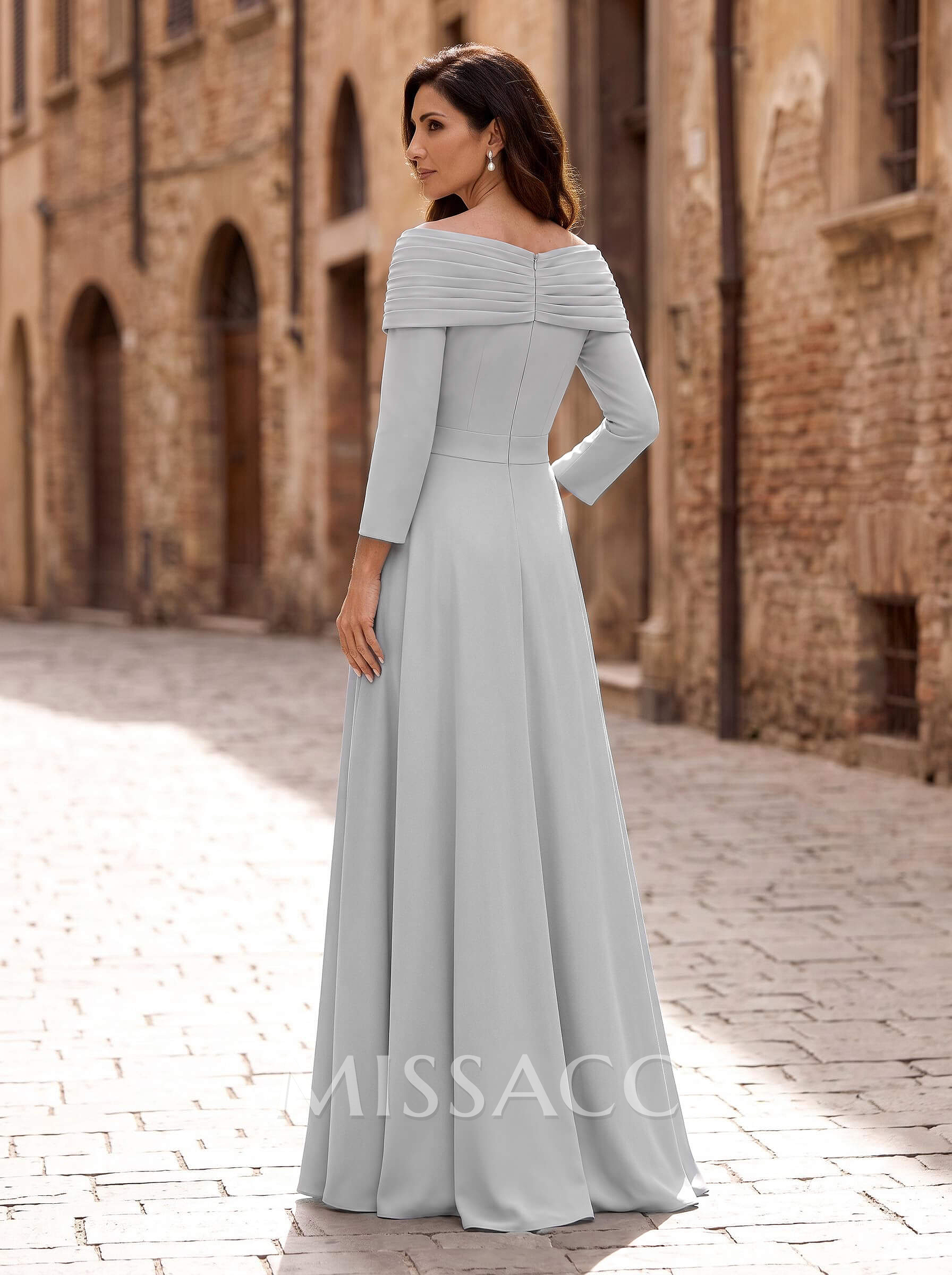 Elegant Pleated Off-The-Shoulder Long Sleeves Elastic Satin Mother Of The Bride Jumpsuit/Pantsuit