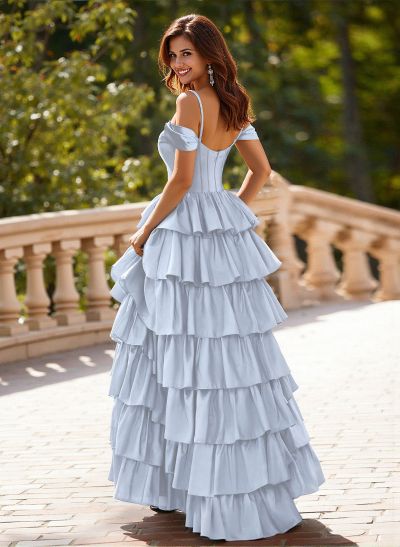 Dreamy Cold Shoulder Tiered A-Line High Split Silk Like Satin Prom Dresses