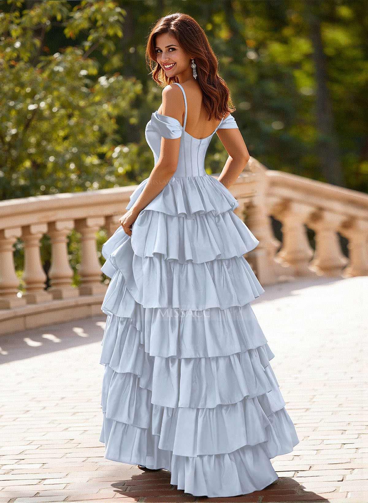 Dreamy Cold Shoulder Tiered A-Line High Split Silk Like Satin Prom Dresses