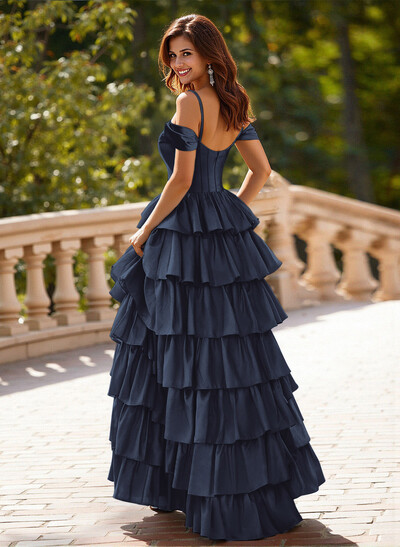 Dreamy Cold Shoulder Tiered A-Line High Split Silk Like Satin Prom Dresses