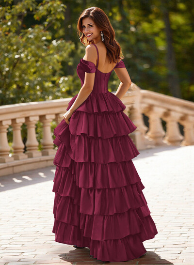 Dreamy Cold Shoulder Tiered A-Line High Split Silk Like Satin Prom Dresses
