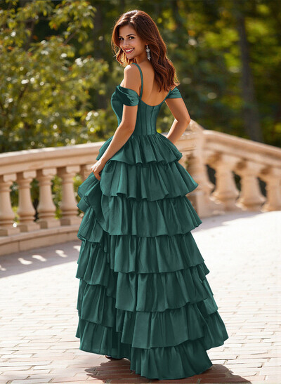 Dreamy Cold Shoulder Tiered A-Line High Split Silk Like Satin Prom Dresses