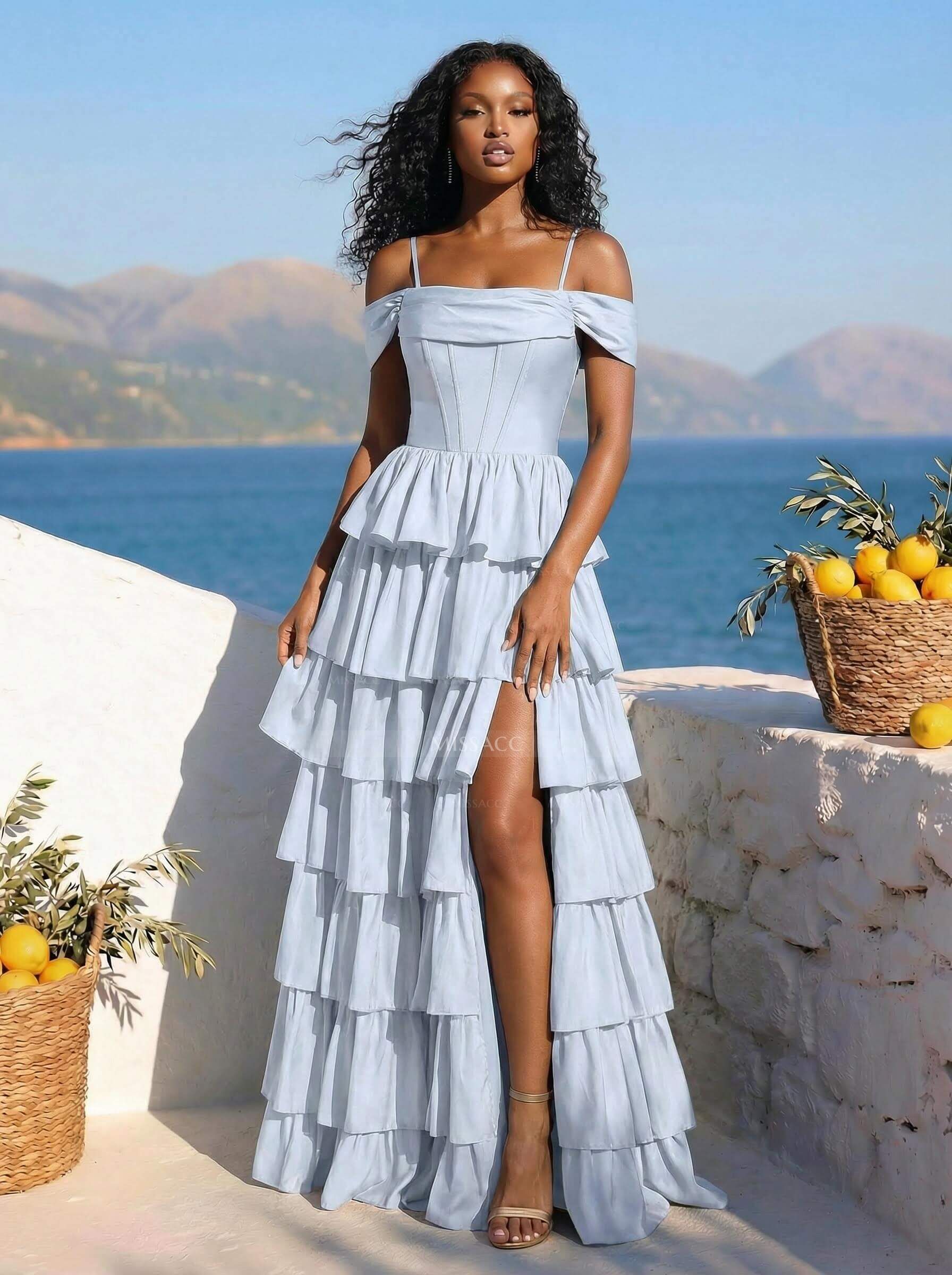 Dreamy Cold Shoulder Tiered A-Line High Split Taffeta Prom Dresses