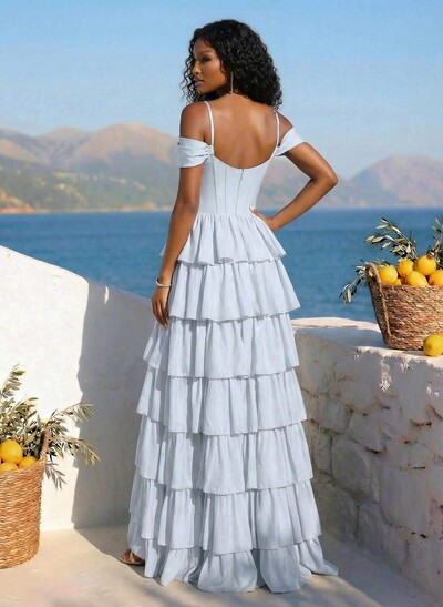 Dreamy Cold Shoulder Tiered A-Line High Split Taffeta Prom Dresses