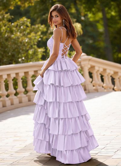 Dreamy V-Neck Lace Illusion Corset A-Line Tiered Silk Like Satin Prom Dresses