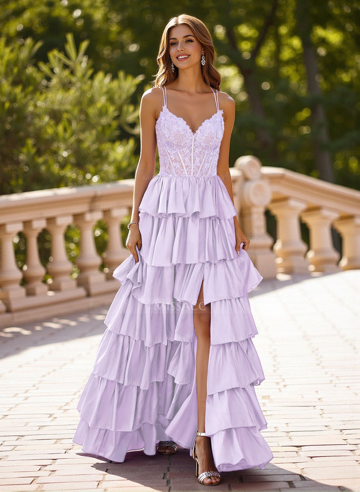 Dreamy V-Neck Lace Illusion Corset A-Line Tiered Silk Like Satin Prom Dresses