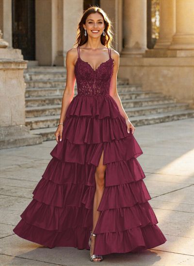 Dreamy V-Neck Lace Illusion Corset A-Line Tiered Silk Like Satin Prom Dresses