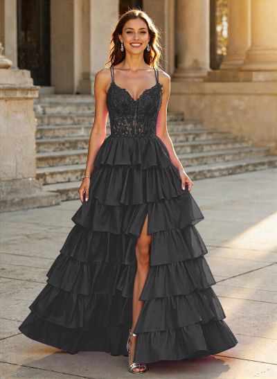 Dreamy V-Neck Lace Illusion Corset A-Line Tiered Silk Like Satin Prom Dresses