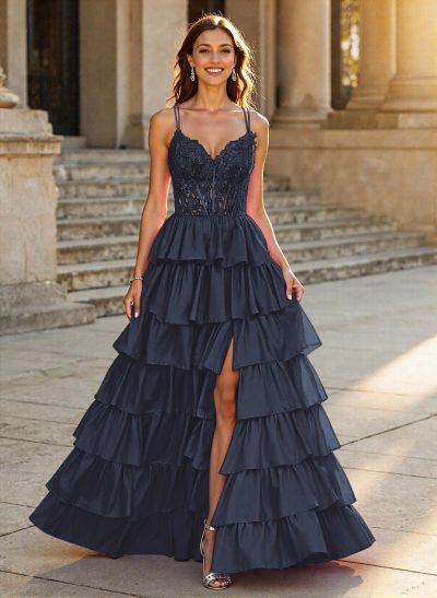 Dreamy V-Neck Lace Illusion Corset A-Line Tiered Silk Like Satin Prom Dresses