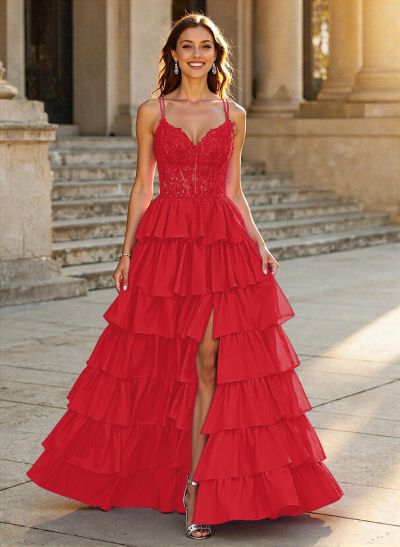 Dreamy V-Neck Lace Illusion Corset A-Line Tiered Silk Like Satin Prom Dresses
