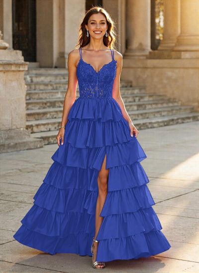 Dreamy V-Neck Lace Illusion Corset A-Line Tiered Silk Like Satin Prom Dresses