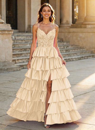 Dreamy V-Neck Lace Illusion Corset A-Line Tiered Silk Like Satin Prom Dresses