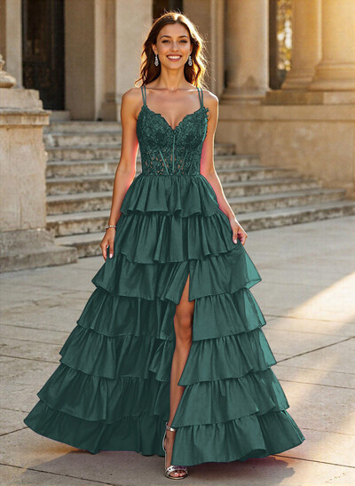 Dreamy V-Neck Lace Illusion Corset A-Line Tiered Silk Like Satin Prom Dresses