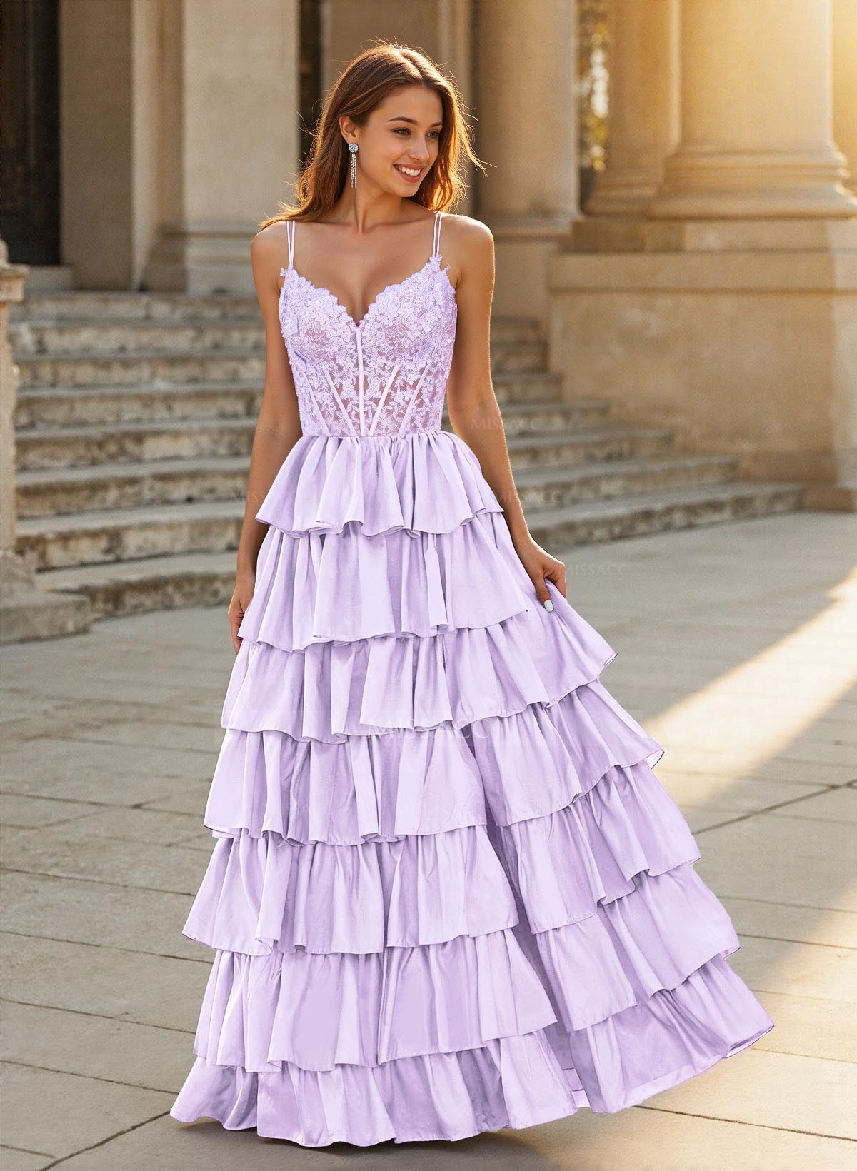 Dreamy V-Neck Lace Illusion Corset A-Line Tiered Silk Like Satin Prom Dresses
