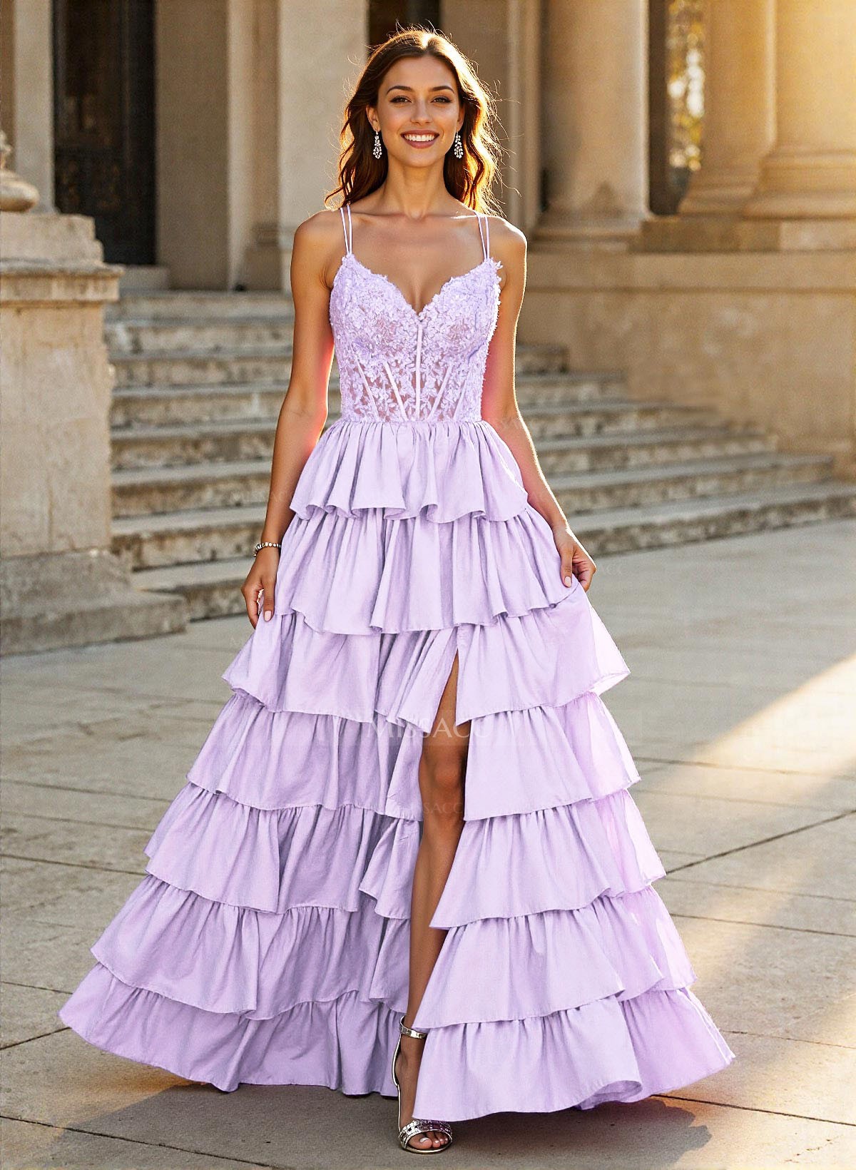 Dreamy V-Neck Lace Illusion Corset A-Line Tiered Silk Like Satin Prom Dresses